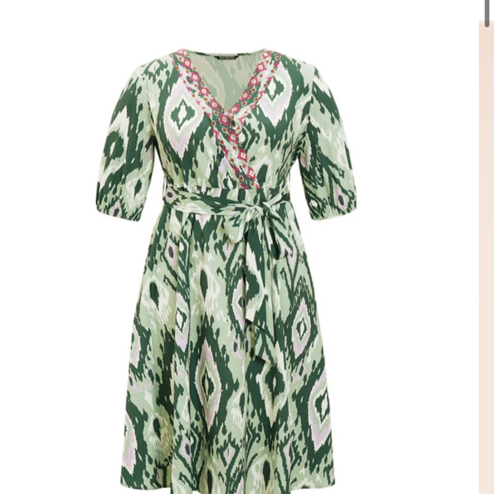 BloomChic Ikat Print Midi Dress in Green and Pink